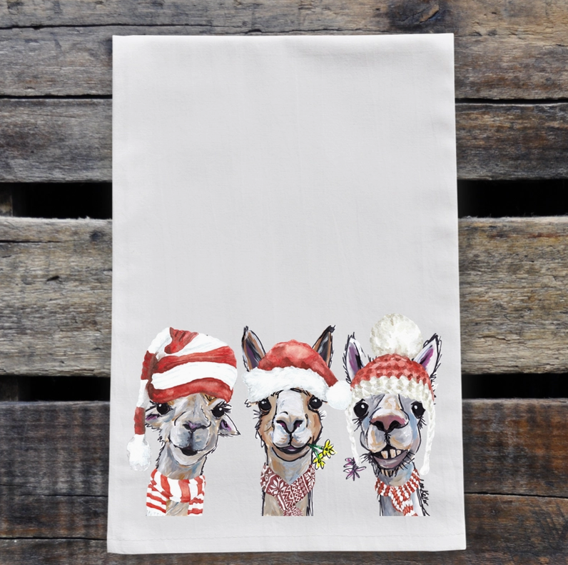 🎄 Christmas Alpaca Trio Tea Towel - Flour Sack Cotton Dish Towel -Original Art by Hippie Hound Studios