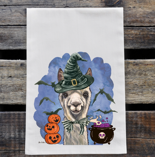🎃 Alpaca Halloween Tea Towel – Flour Sack Cotton Dish Towel -Original Art by Hippie Hound Studios