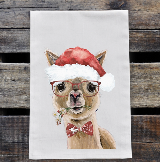 🎄 Christmas Alpaca Tea Towel - Flour Sack Cotton Dish Towel -Original Art by Hippie Hound Studios