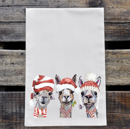 🎄 Christmas Alpaca Trio Tea Towel - Flour Sack Cotton Dish Towel -Original Art by Hippie Hound Studios