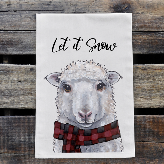 Let It Snow Sheep - Flour Sack Cotton Dish Towel -Original Art by Hippie Hound Studios