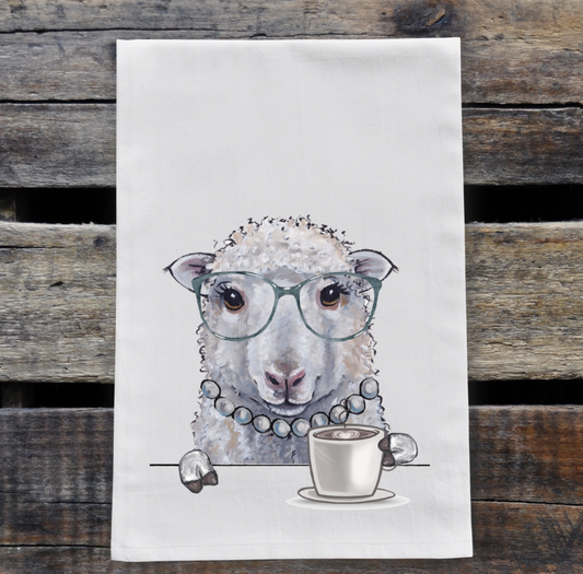 Sheep With Coffee Tea Towel - Flour Sack Cotton Dish Towel -Original Art by Hippie Hound Studios